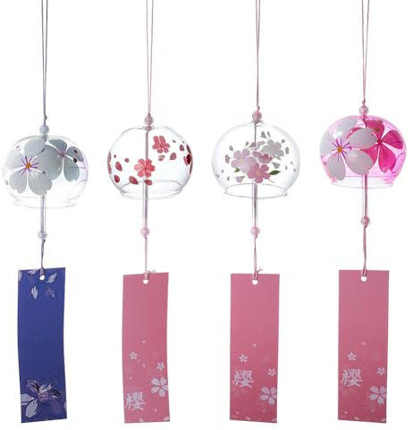 AHANDMAKER Lot de 4 carillons éoliens japonais, 4 styles, clochettes à vent en verre avec étiquette style japonais pour extérieur, jardin, terrasse, Noël, décoration d'intérieur (coloré)