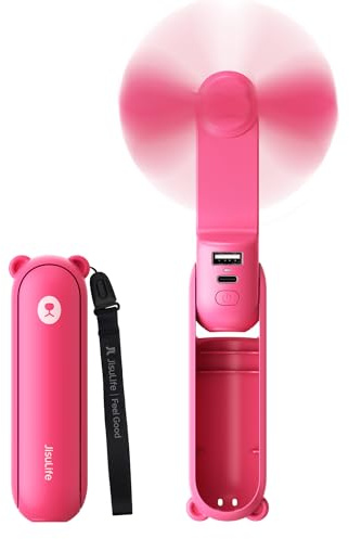 JISULIFE Mini ventilatore portatile, 3 in 1, ricaricabile tramite USB, 12-19 ore di lavoro, con power bank, torcia, design tascabile per viaggio/estate/concerti/ciglia, regalo per donne (fucsia)