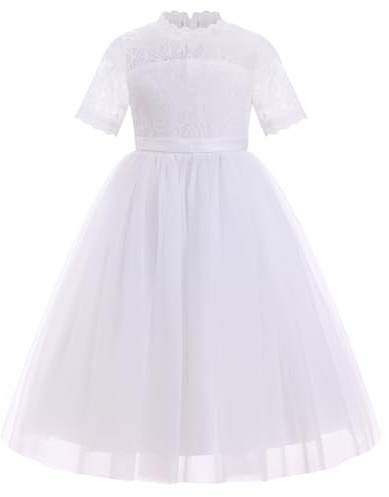 EFOGEP Robe de princesse en dentelle à manches courtes et col rond en tulle pour fille - Pour anniversaire, demoiselle d'honneur, mariage, concours de beauté, première communion