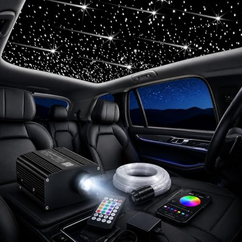 DEWEL Bluetooth Meteor Fiber Optic Star Deckenleuchten Kit 2-in-1 | 12W 450pcs RGBW LED Sternenhimmel Glasfaser Licht für Home Auto Decke Kino Dekor, Bluetooth APP|Remote, Musiksynchronisation