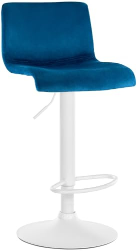 CLP Barhocker höhenverstellbar mit Lehne Hover, Barstuhl gepolstert Samtbezug, Tresenstuhl mit Metallgestell drehbar | Farbe blau Material Gestell Metall matt Weiss