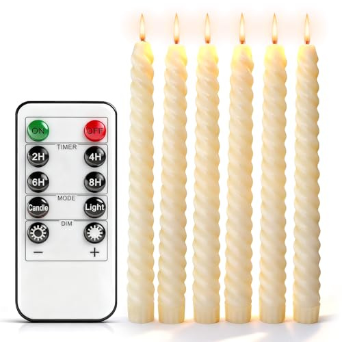 Candele Finte LED Senza Fiamma 6 Pezzi, 25.5cm Avorio con Telecomando e Timer, Candele Spiralate a Batteria Fiamma oscillante per Natale, Matrimonio, Compleanno,Halloween Decorazioni Candela