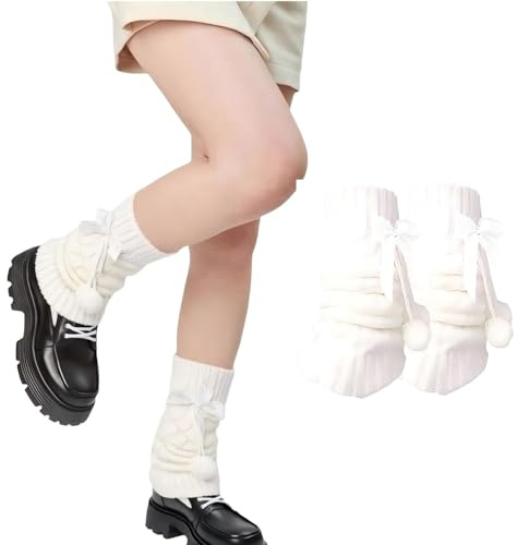 YCZARD Y2K Leg Warmers - Harajuku Kawaii Bow Tie Leg Warmers, 80s Y2k Ribbed Knit Legwarmers for Women Girls Ladies White