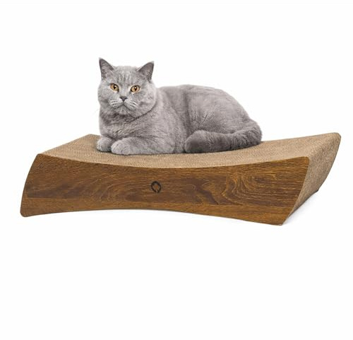 CanadianCat Company | Kratzbrett Pulsar für Katzen - 76 x 24 x 15 cm - doppelseitig nutzbar - stabile Wellpappe - Holzoptik Walnuss - Kratzmöbel & Liegeplatz
