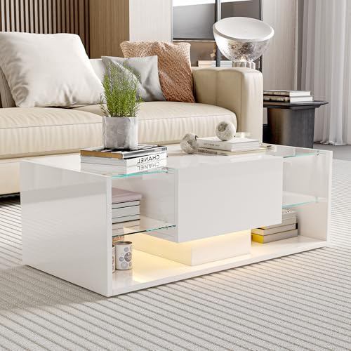 Quiaviank Modern Wohnzimmertisch mit LED Beleuchtung, Couchtisch Hochglanz mit Glastrennwand und Schubladen, Sofa Beistelltisch für Zuhause 100 x 50 x 35 cm, Weiß