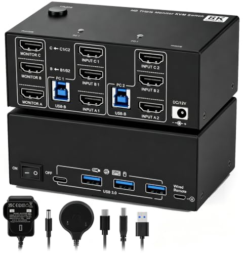 KVM Switch 3 Monitors 2 Computers, 8K@60Hz 4K@120Hz, HDMI + Displayport Triple Monitor, KVM Switch 2 Computers Share 3 Monitors and 4 USB 3.0 Devices, Wired Remote, Power Adapter and 2 USB3.0 Cables