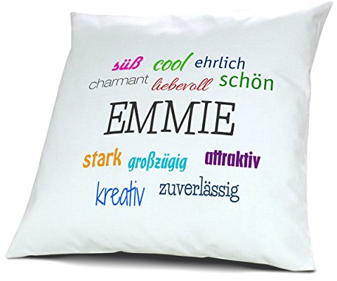 digital print Kopfkissen mit Namen Emmie - Motiv Positive Eigenschaften, 40 cm, 100% Baumwolle, Kuschelkissen, Liebeskissen, Namenskissen, Geschenkidee, Deko
