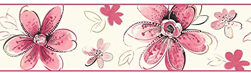 York Wallcoverings Brothers and Sisters V Bohemian Floral Border, Pearl, Bright Pink, Soft Pink, Black, Gold