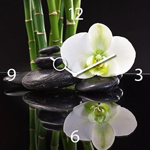 Wanduhr aus Glas, Black Orchid, weiße Orchidee, schwarz, 30x30 cm von Eurographics