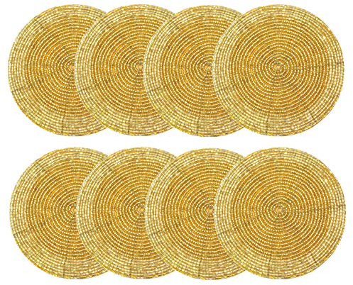 COTTON CRAFT Glitz Set of 8 Handmade Beaded Coasters, 4 inch Round, Gold