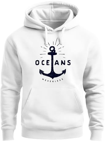 Neverless® Hoodie Herren Anker Motiv maritim Schriftzug Oceans Kapuzen-Pullover Männer Weiss XL