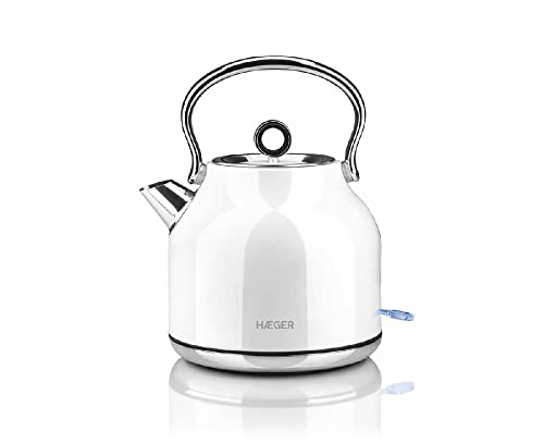 HAEGER ART DECO WHITE - Hervidor electrico 1,7 Litros, 2200 W, base giratoria de 360º, resistencia oculta en INOX, protección contra ebullición en seco, apagado automático