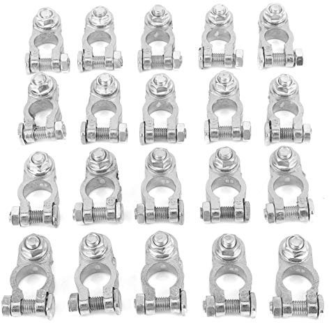 Car Battery Terminals Connectors, Akozon 20Pcs Car Battery Terminal Set Connector Clamp 12V Positive+Negative Silver Aluminium Alloy Battery Terminal Connectors Fit for Caravan Van Motorhome Boat