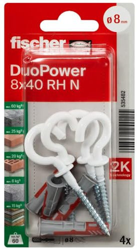 Fischer Duopower 8 x 40 mm RH con gancho redondo, revestimiento de nailon, combinación de dos componentes de material para más rendimiento.