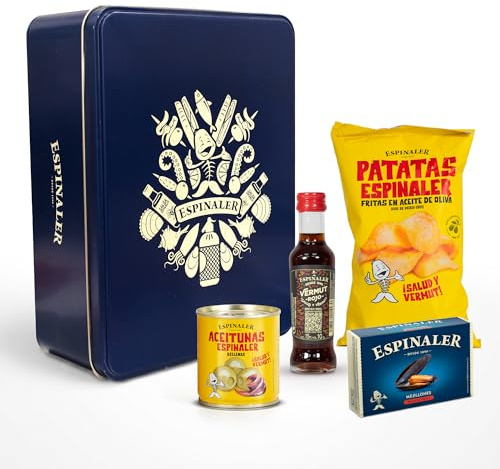 Espinaler Cesta Gourmet Aperitivo - Pack Regalo con Vermut Rojo 10 cl, Patatas Fritas, Aceitunas Rellenas de Anchoa y Mejillones en Escabeche en Caja Vintage - Caja Regalo Vintage.
