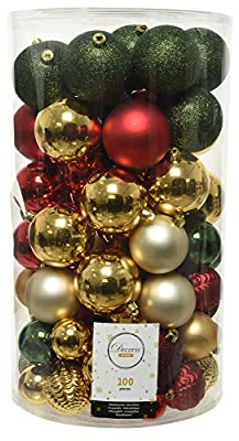 Weihnachtskugeln Kunststoff 4cm - 8cm Mix 100 Stück Set mit Glitzer (grün rot Gold)