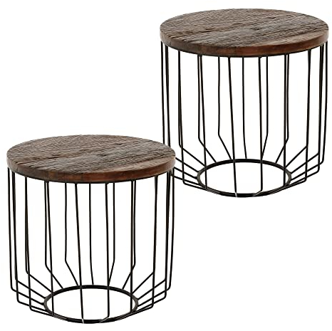 WOMO-DESIGN Couchtisch 2er Set rund Ø 50x50 cm, Natur, Unikat, handgefertigt aus Massivholz Altholz, Metallgestell Metallkorb, 2-teilig Tisch-Set, Satztische, Wohnzimmertisch Beistelltisch Sofatisch