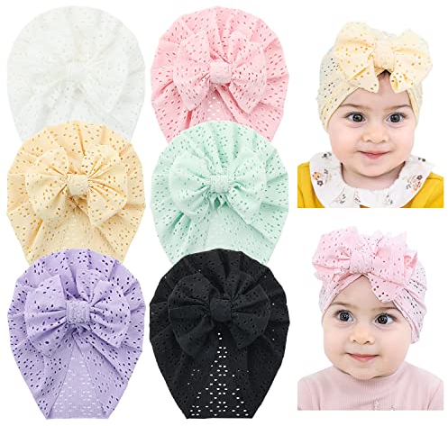 Cinaci 6 Stück atmungsaktive weiche Turban-Mützen mit großer Schleife für Babys, Mädchen, Kleinkinder, Kinder, Weiß, Mintgrün, Rosa, Gelb, Hellviolett, Schwarz, 3-24 Monate