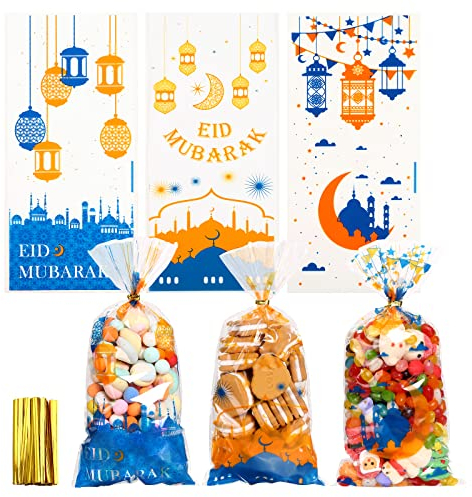 GWHOLE 90 Stück Ramadan Tüten zum Befüllen Eid Mubarak Tüten Cellophantüten Ramadan Deko Ramadan Geschenktüten Geschenke Tüten Zellophanbeutel mit 90 Twist Krawatten für Kekse Bonbons Geschenke
