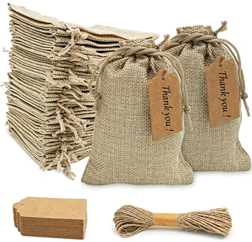 Elodyunhc 30 Stück Jute-Geschenktüten mit Kordelzug 10x15cm, Jutesäckchen Klein mit 30 Stück Geschenkanhänger und 10m Hanfseil, Wiederverwendbare Geschenktüten Klein für Schmuck, Hochzeit, Weihnachten