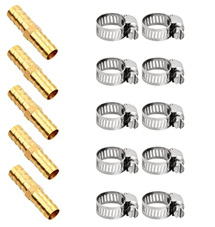Conector de Manguera de Latón de 5 Piezas de 10mm Recto con Abrazaderas de Tubo de Acero Inoxidable de 5 Piezas, Conector de Manguera de Latón para Línea de Aire, Agua, Combustible