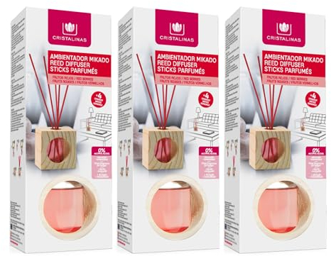 CRISTALINAS | Pack 3 Ambientador Hogar Mikado Cubo de Madera | Aroma Frutos Rojos | 100% Puro | Larga Duración 4 Semanas | 3x30ml | 0% Alcohol
