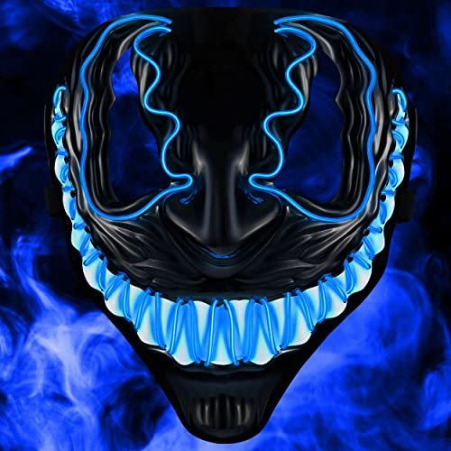 LED Venom Mask with 3 Light Modes - Perfect for Techno DJ, Halloween, Cosplay, Carnival, Scary, Neon, Horror Costume (Blue)