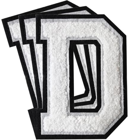 3Pcs Chenille Letter Patches Iron on Patches Varsity Letter Patches Chenille Embroidered Patch Sew On Patches for Clothing Hat Bags Jackets Shirt (White, D)