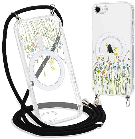 Yoedge Handyhülle Handyband für iPhone 8/iPhone 7/iPhoneSE 2020/SE 2022 4,7 Hülle mit Band,Transparent Magnetisch Case Kompatibel mit Magsafe, Silikon Schutzhülle Cover mit Aesthetic Muster 1-Blumen
