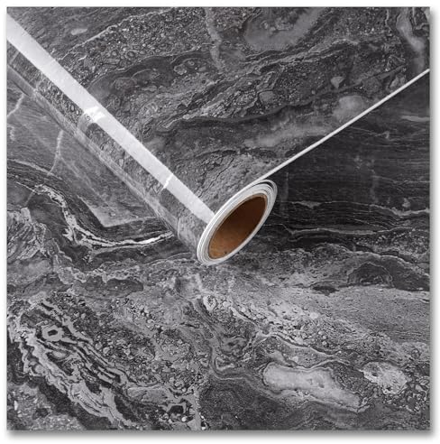 CRE8TIVE Papier Peint Adhesif Marbre Noir Argenté 30cm x 200cm Papier Adhesif pour Meuble Cuisine Imperméable Vinyle Adhesif Papier Peint Autocollant pour Comptoir Salle de Bain Stickers Meuble