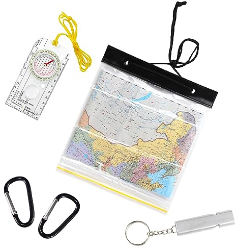 1 x wasserdichte Kartentasche mit Survival-Pfeife und Orientierungskompass mit 2 Karabinern, Outdoor-Trekking-Set für Abenteuer, Wandern, Bergsteigen