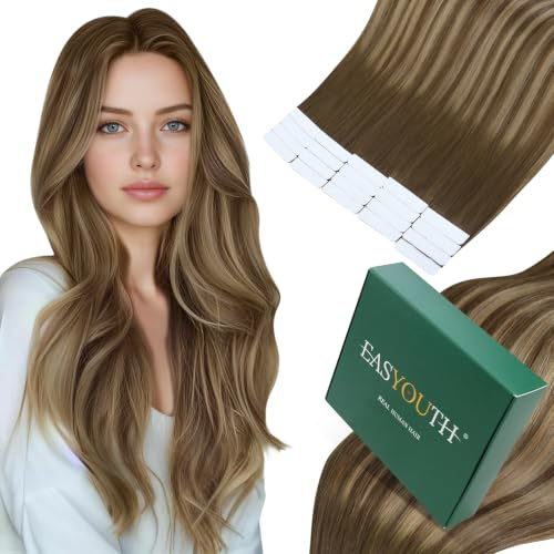 Easyouth Echthaar Tape Extensions Balayage Braun #4/4/27 50cm | Tapes Extension Haarverlängerung Mittelbraun Ombre Honigblond, Unsichtbare, Leichtes Tragegefühl, 50g, 20stücke