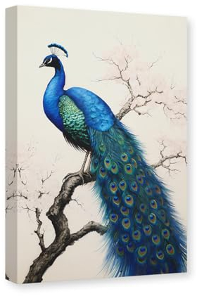 CXHOSTENT Blauer Pfau Leinwand Wandkunst Tiermalerei Druck Vintage Eleganter Pfau Beige Hintergrund Bild Wohnzimmer Dekor Rahmen (Pfau - 1, 30.00 x 45.00 cms)