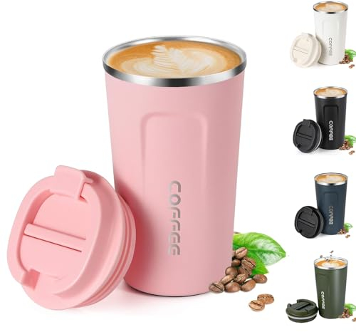 DDUP Insulated Travel Mug with Leakproof Lid, Reusable Stainless Steel Thermal Mug for Hot and Cold Coffee, Water and Tea - 510ml (Pink)