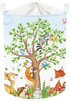 Clastyle 45L Frühling Wald Baum Tiere Junge Mädchen Grün Wäschekorb Rehkitz Eichhörnchen Fuchs Rund Spielzeug Kleidung Aufbewahrungskorb für Kinderzimmer, 36x45 cm