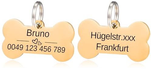 Hundemarke Knochen mit Gravur - Edelstahl Hundemarke mit Name, Telefonnummer - Vergold Hundemarke personalisiert mit Symbolen Dog Tag Namensschild für Halsband und 2 Schlüsselringe