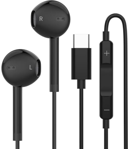 USB C Headphones, In-Ear Wired Type C Earphones with Microphone, Noise Cancellation Ear buds, Built-in Mic & Volume Control Ear Headphones Compatible with all C Type devices (black)