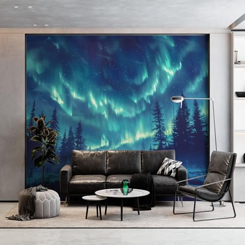 Premium Fototapete Wald Unter Dem Nachthimmel Der Nordlichter Vlies Tapeten Mural, 250 x 175 cm (WxH) Moderne Wandtapete, für Wohnzimmer, Schlafzimmer, Küche Salbeigrün