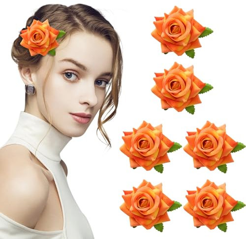 Winmany Haarspangen mit Rosen, für Damen und Mädchen, Blumen-Haarnadel, Brosche, Kopfschmuck, Blumen-Haarschmuck, Dekoration, Hochzeit, Party, Muttertag, Orange, 6 Stück