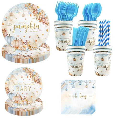 AIBIIN 192 pcs Pumpkin Baby Shower Decorations Fall Pumpkin Oh Baby Party Plates for Boys A Little Pumpkin is On His Way Autumn Baby Shower Paper Plates Napkins Disposable Dinnerware Serves 24 Guests