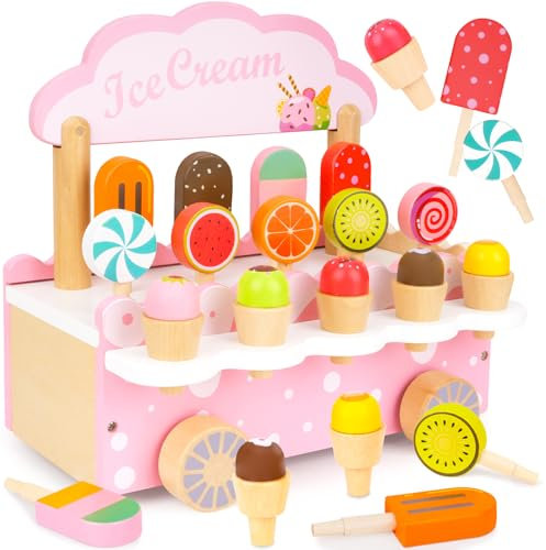 Juguete de Helado, Carrito Helados de Madera, Tienda de Helados con Almacenaje, Juguete de Madera Accesorios de Cocina, Juguete Montessori Aprendizaje Temprano para Niñas Niños 3 4 5 6 años