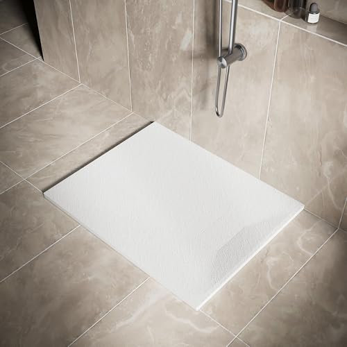 SIRHONA - Plato de ducha, 100 x 80 cm, antideslizante, rectángulo blanco, material de resina SMC, con sifón