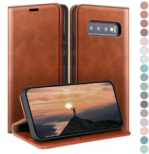 HUOUH für Samsung Galaxy S10 Plus Hülle mit RFID Schutzhülle aus Lederhülle Handyhülle,Kartenfach Leder ständer Handy hülle,360 Grad Schutz Cover für Samsung S10 Plus Klapphülle Wallet Case Hellbraun