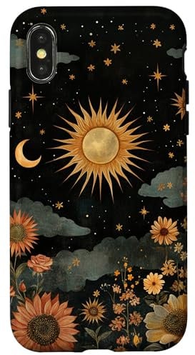 Vintage Boho Celestial Floral Sun Moon Stars Painting Art Case for iPhone X/XS