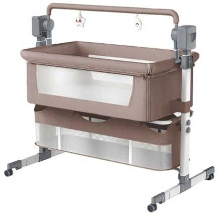 MoLi Beistellbett Baby mit Rollen, Convertible Faltbar Co-Sleeping Babybett, Stubenwagen Baby Kleinkind Wiege mit Musik, Fernbedienung und 5-schwankende Zahnräder (601 Khaki)