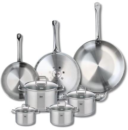 ELO 9513350 Batterie de cuisine 7 pièces, Ensemble de 3 Poêles de cuisson 24, 28 et 32 cm et 4 faitouts 12, 14, 16 et 20 cm Elo Profi Citrin, inox, induction