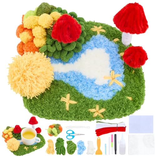 WEBEEDY Rug Hooking Untersetzer Set Moos Untersetzer Set Inklusive Haken Netz Und Anleitung Für Erwachsene Anfänger Moss Art Bastelsets Punch Needle Teppich Kit 17x20cm