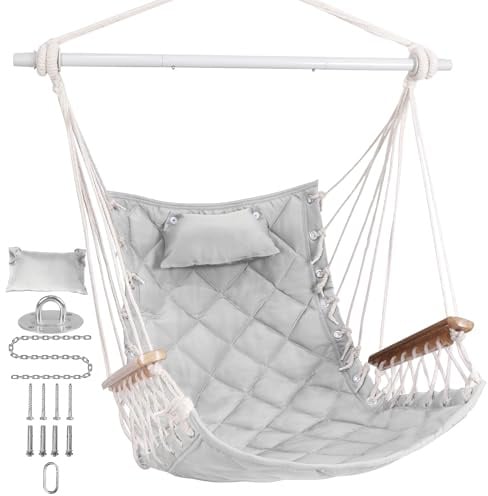 SUNWAY Hängesessel mit Armlehne aus Holz und Kissen – 159 kg Kapazität für drinnen und draußen, Hängeschaukel mit Spreizstange, inklusive vollständigem Aufhängeset für Terrasse, Schlafzimmer, Veranda