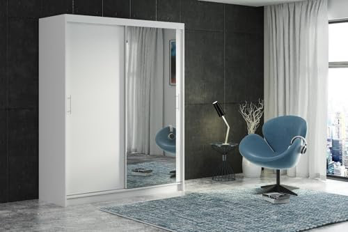 ELUKS Modern Sliding Double Door Wardrobe with Mirror, 2/3 Doors, up to 8 Drawers and 4 Hanging Rails Colours: WHITE/BLACK/OAK/GREY Width: 100cm/120cm/150cm/180cm/200cm (White, 120cm No drawers)