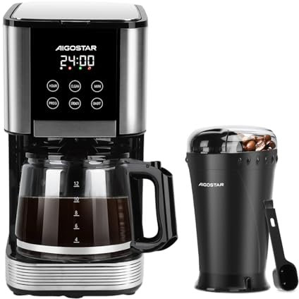 Aigostar Kaffeemaschine mit Mahlwerk, Filterkaffeemaschine+ Elektrische Kaffeemühle (14 Tassen, 1000W, 24h Programmierbar, 2 Stärkeebenen, Warmhaltefunktion)& (60g, 200W, Elektrische Propellermühlen)